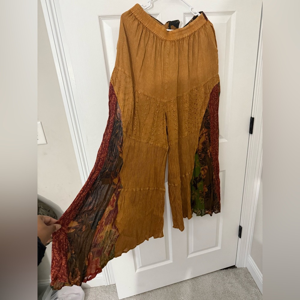 Young Threads Rustic Bohemian Side Paneled Patchwork Wide Leg Pants In Camel L - Picture 8 of 9